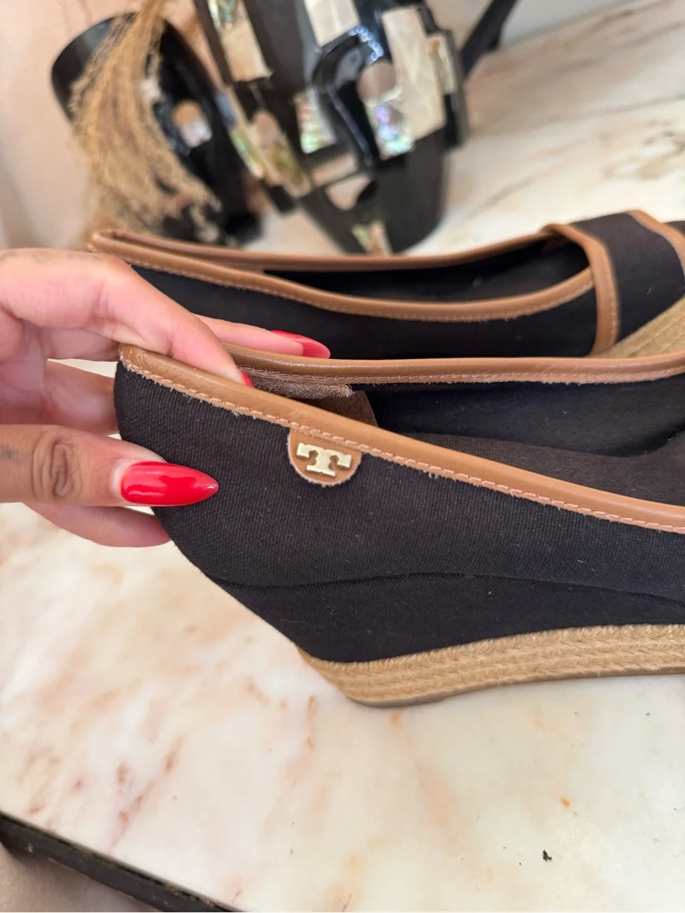 Tory Burch Black Canvas Espadrille Wedge Peep Toe Shoes Women’s EU 37.5